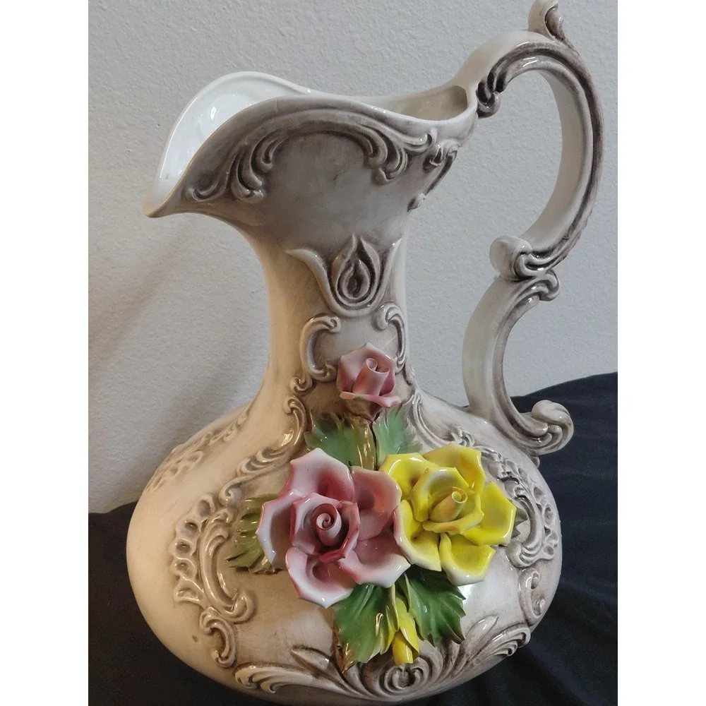 Vintage Capodimonte Italy Porcelain Floral Pitcher Vase Crowned N Rose Large 14